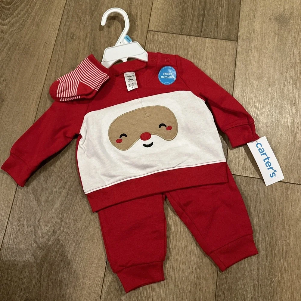 Carters Santa Sweatsuit & Socks Baby 3-6 Mo. 3 Pc Set Family Matching‎ NEW